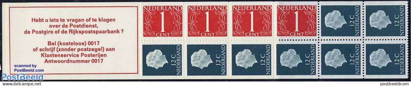 Netherlands 1969 4x1,8x12c Booklet, Normal Paper, Text: Hebt U Iets, Mint NH, Stamp Booklets - Unused Stamps