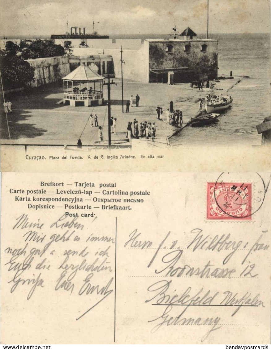 Curacao, W.I., WILLEMSTAD, Plaza Del Fuerte, Steamer (1911) Postcard - Curaçao