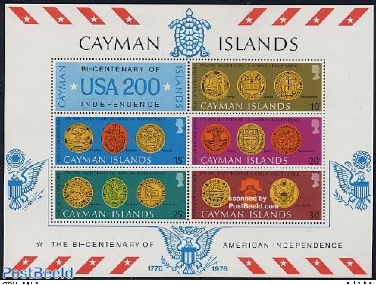 Cayman Islands 1976 US Independence S/s, Mint NH, History - Nature - Various - US Bicentenary - Turtles - Money On Sta.. - Monnaies