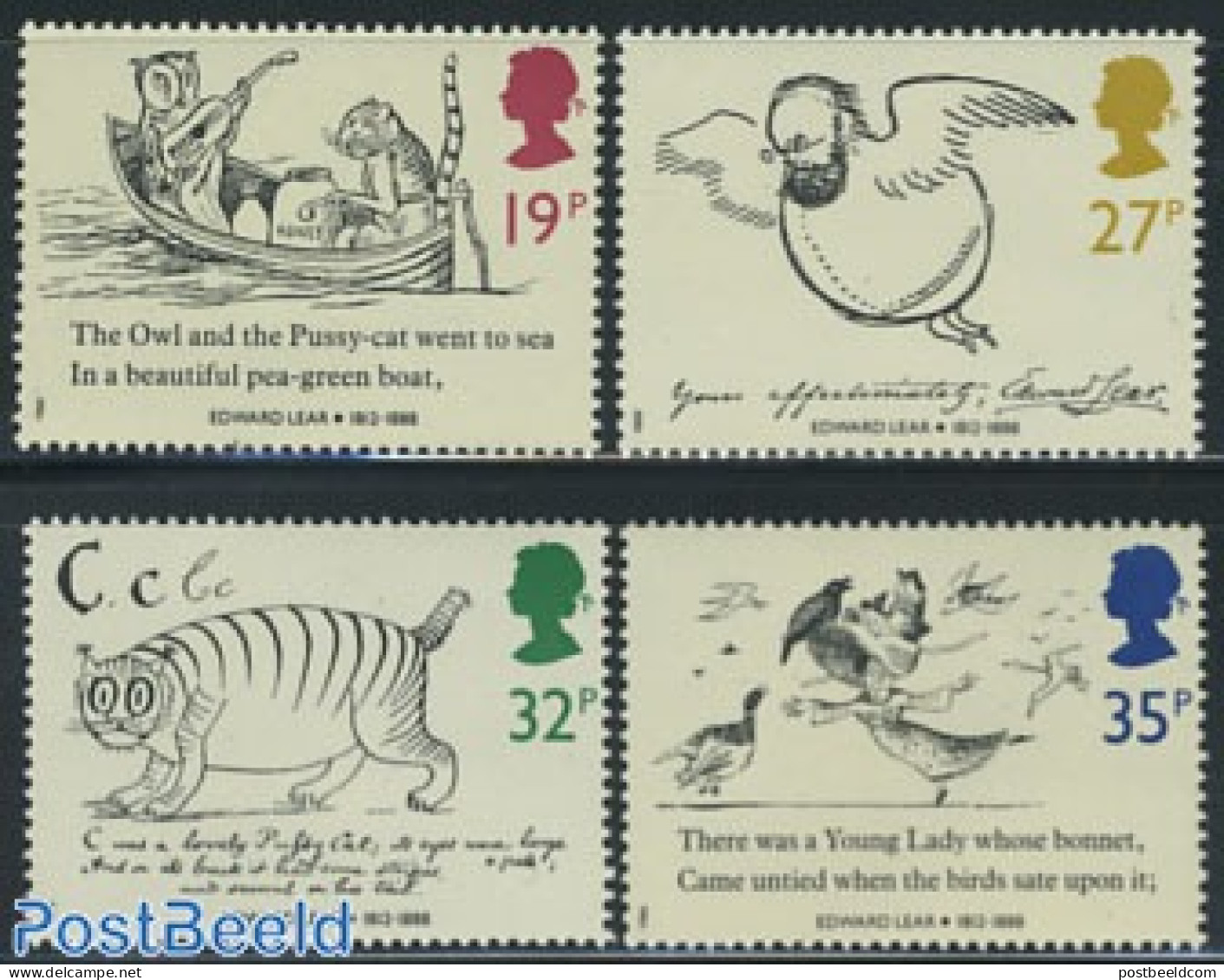 Great Britain 1988 Edward Lear 4v, Mint NH, Nature - Performance Art - Birds - Cats - Owls - Music - Art - Children's .. - Unused Stamps