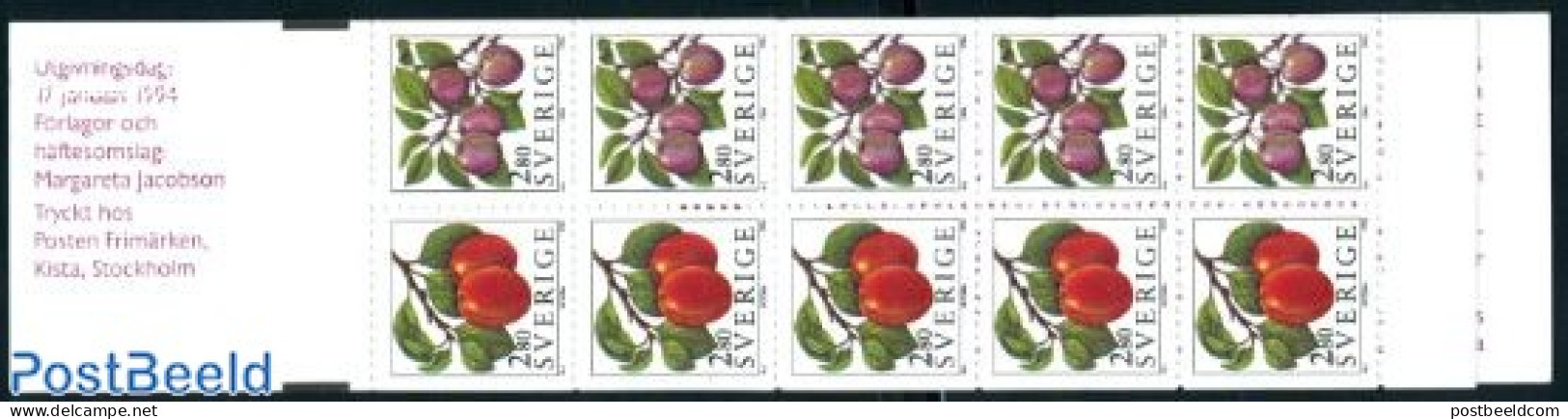 Sweden 1994 Fruits Booklet, Mint NH, Nature - Fruit - Stamp Booklets - Nuovi