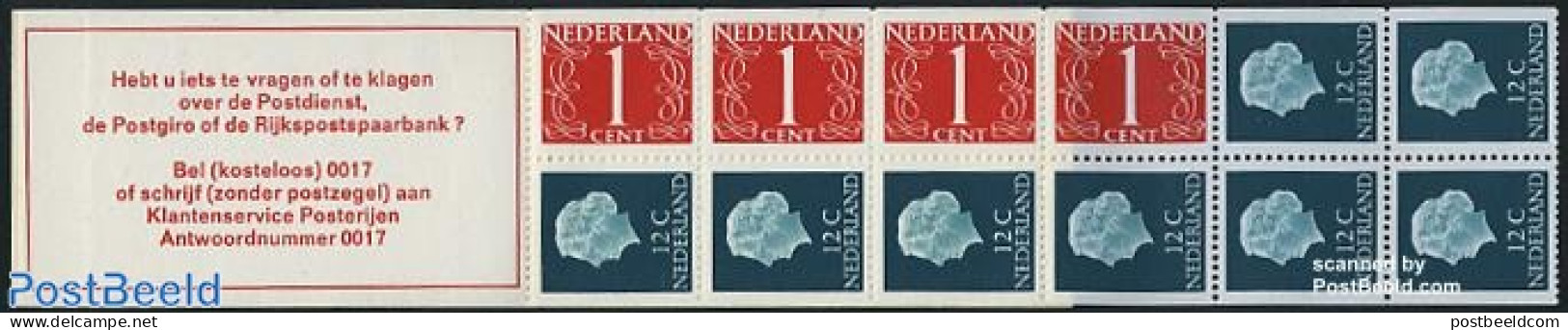 Netherlands 1969 4x1,8x12c Booklet, Phosphor, Text: Hebt U Iets Te, Mint NH, Stamp Booklets - Ongebruikt