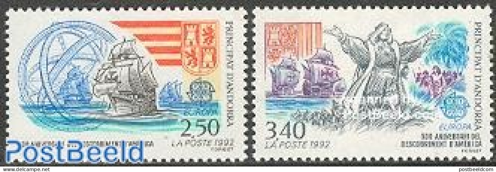 Andorra, French Post 1992 Europa, Discovery Of America 2v, Mint NH, History - Science - Transport - Europa (cept) - Ex.. - Unused Stamps