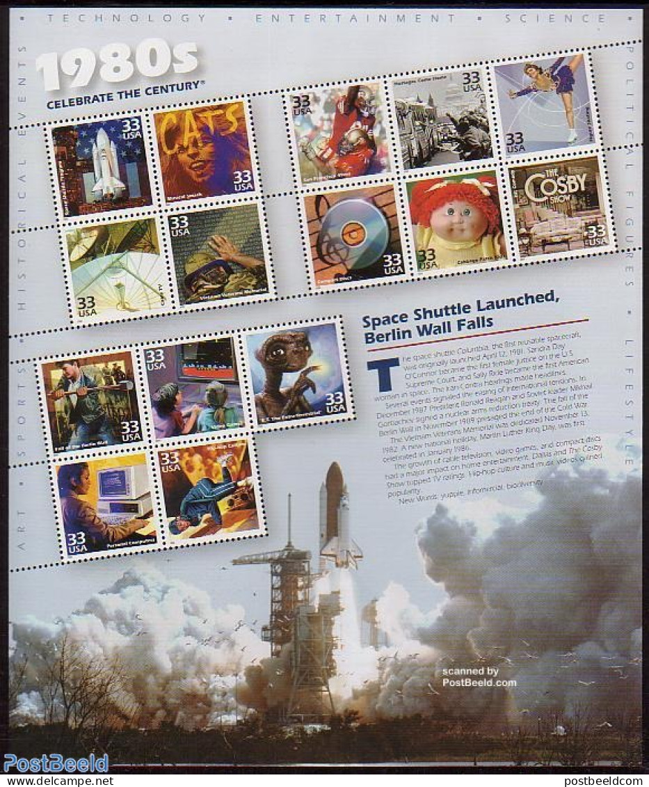 United States Of America 2000 1980s 15v M/s, Mint NH, History - Performance Art - Science - Sport - Transport - Variou.. - Unused Stamps