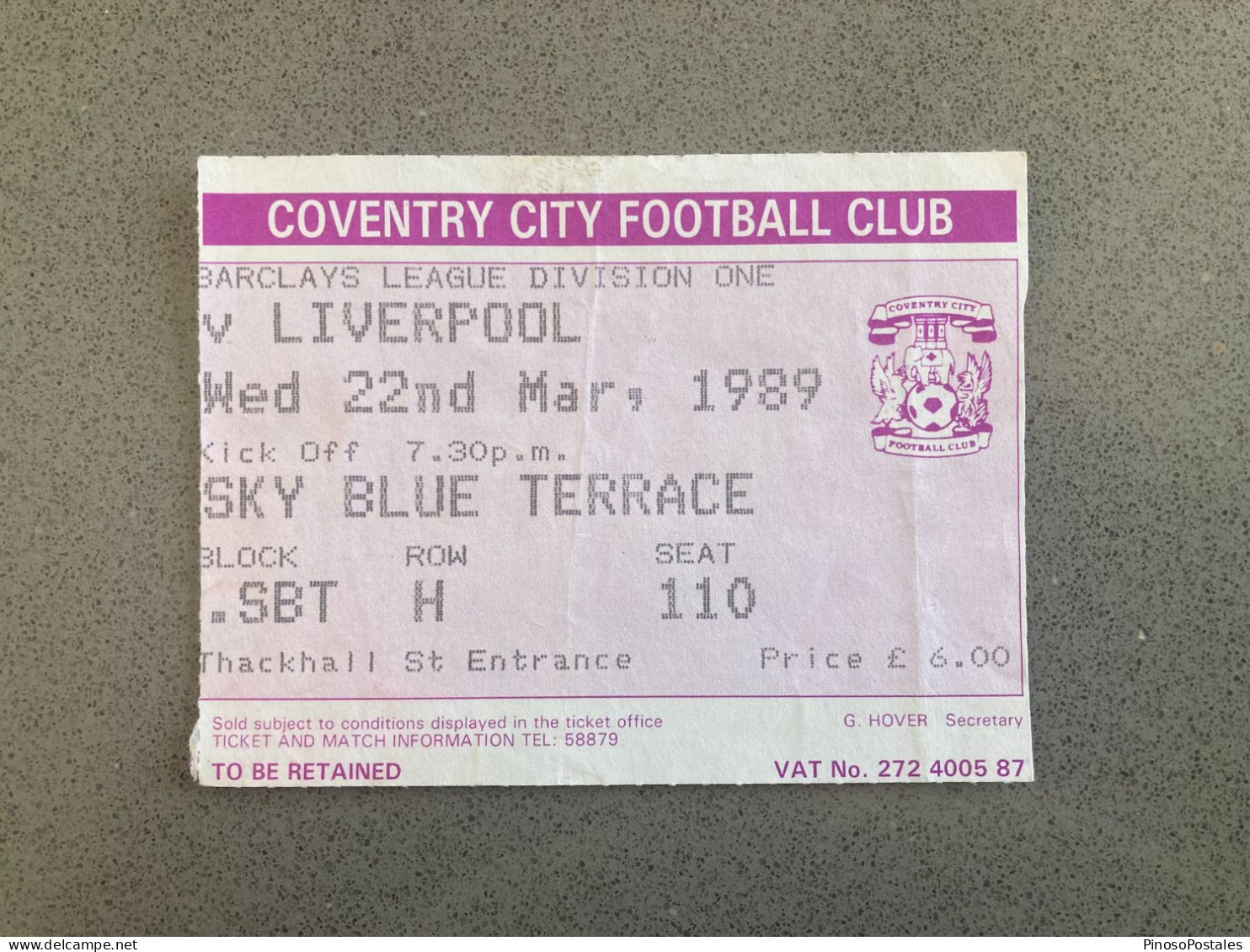 Coventry City V Liverpool 1988-89 Match Ticket - Match Tickets