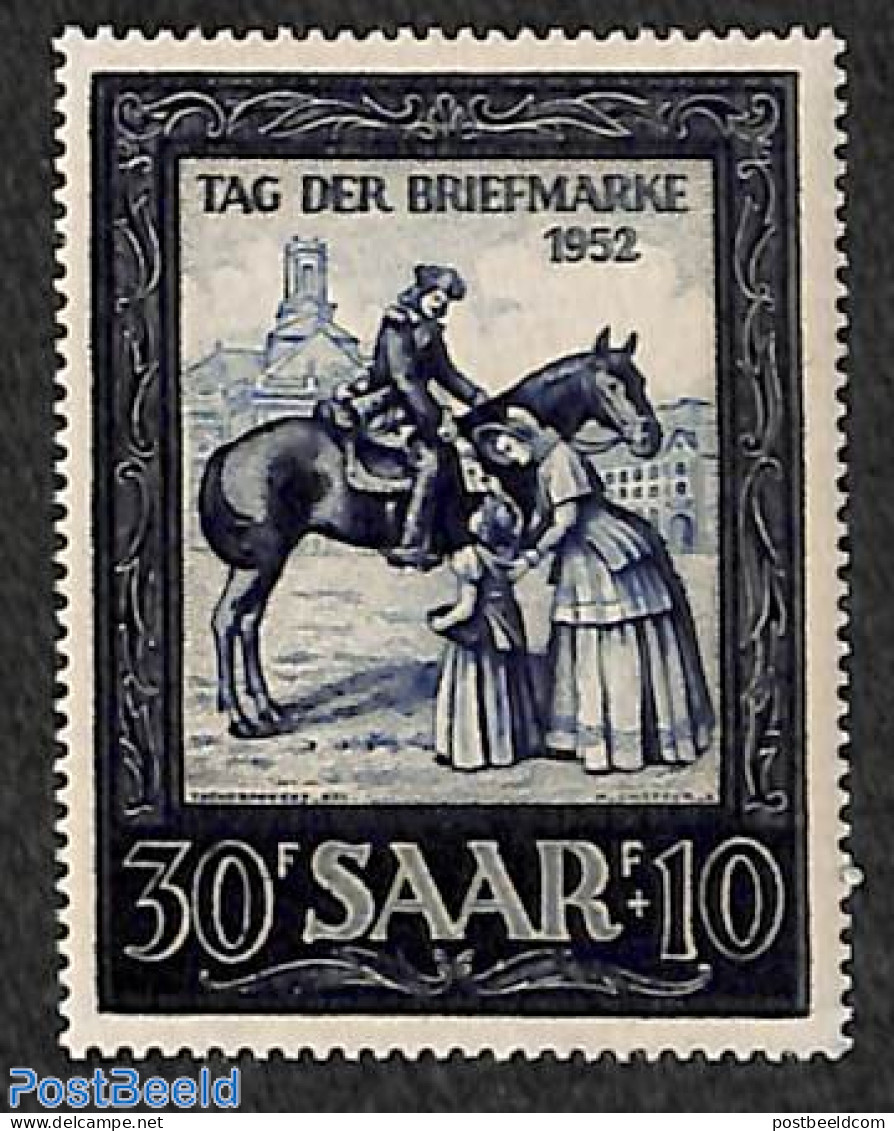 Germany, Saar 1952 Imosa Stamp Exposition 1v, Mint NH, Nature - Various - Horses - Post - Costumes - Poste