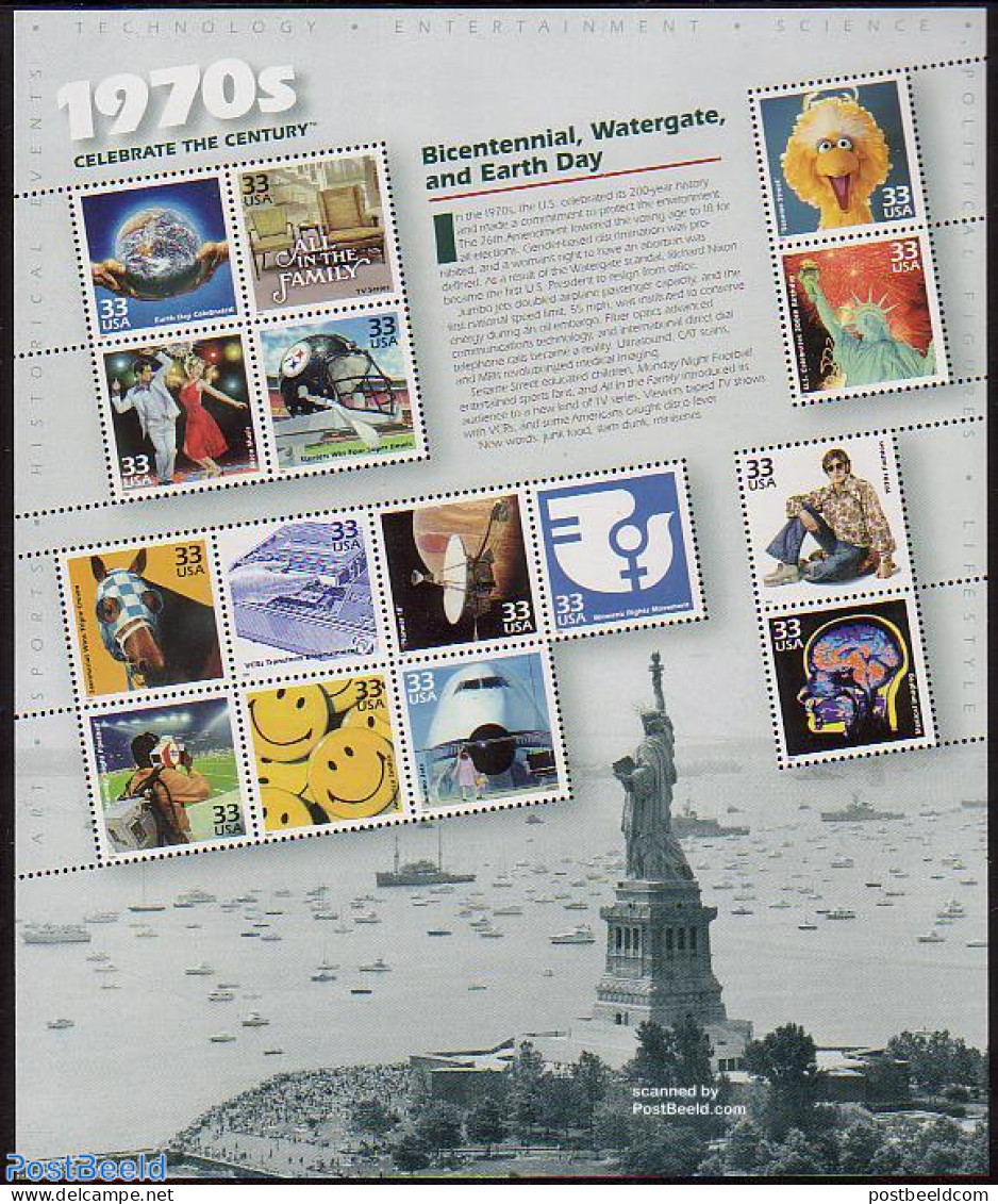 United States Of America 1999 1970s 15v M/s, Mint NH, History - Nature - Performance Art - Sport - Transport - Women -.. - Unused Stamps