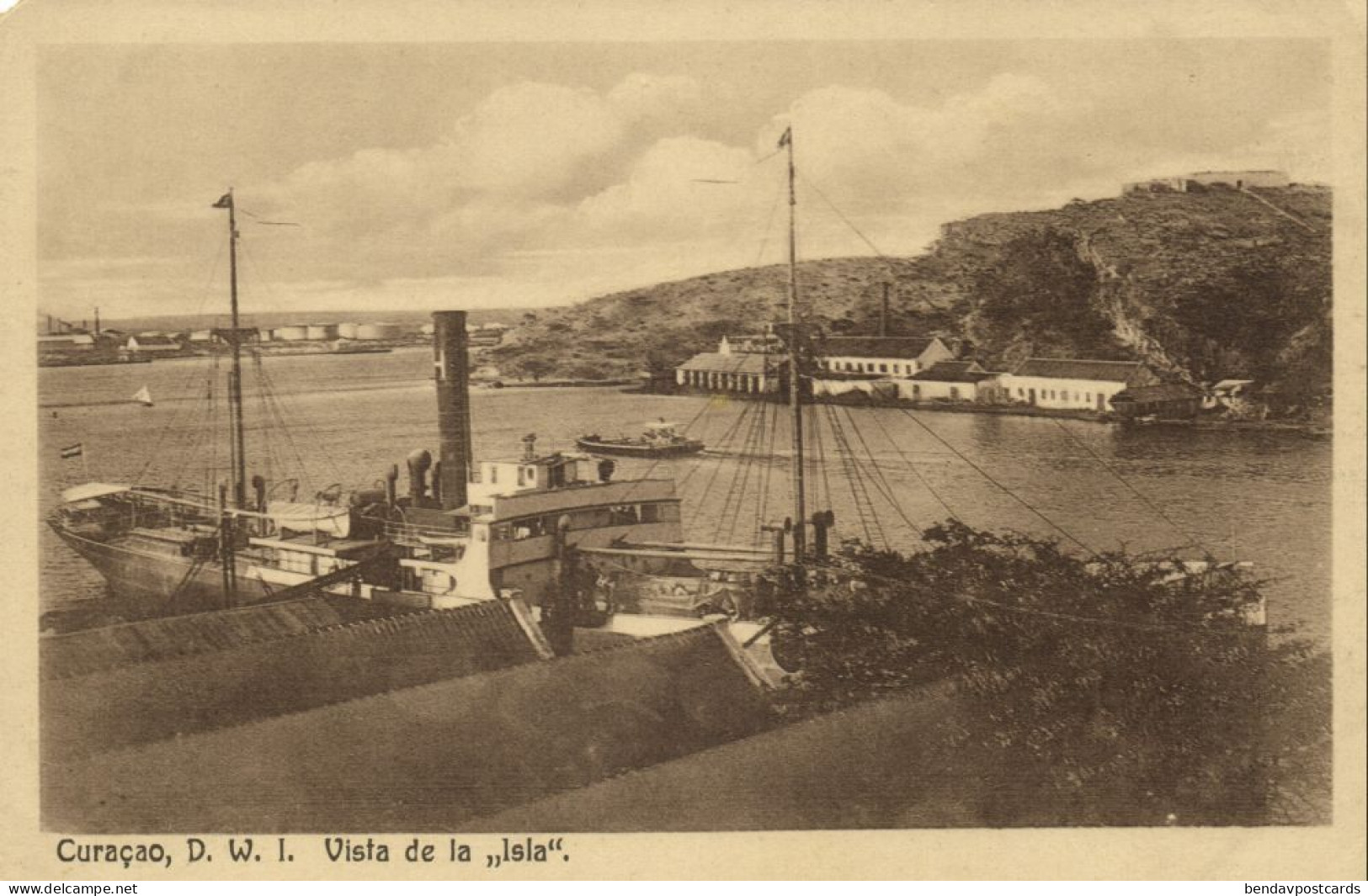 Curacao, D.W.I., WILLEMSTAD, Vista De La Isla, Steamer (1920s) Postcard - Curaçao