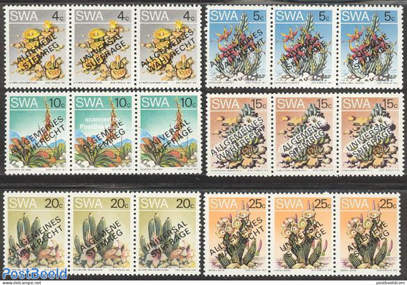 South-West Africa 1978 Elections, Flowers 6 Strips Of 3 [::]x6, Mint NH, Nature - Cacti - Flowers & Plants - Cactus