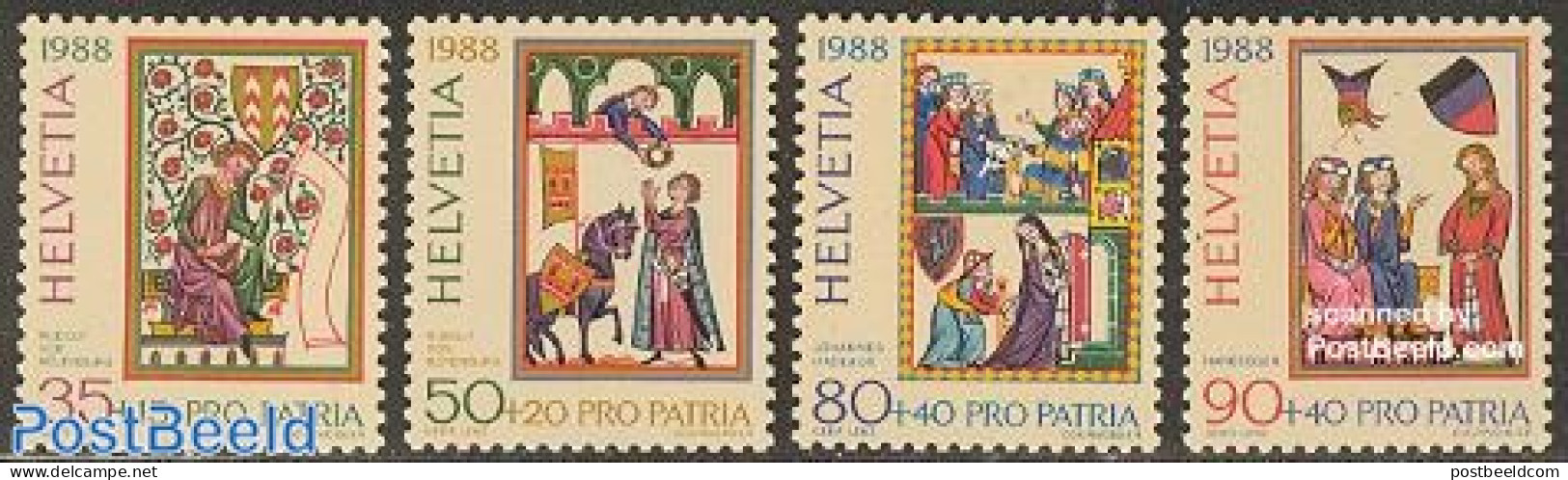 Switzerland 1988 Pro Patria 4v, Mint NH, Nature - Performance Art - Horses - Music - Art - Books - Unused Stamps