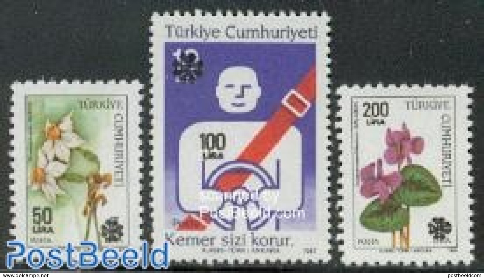 Türkiye 1990 Overprints 3v, Mint NH, Nature - Transport - Flowers & Plants - Traffic Safety - Other & Unclassified