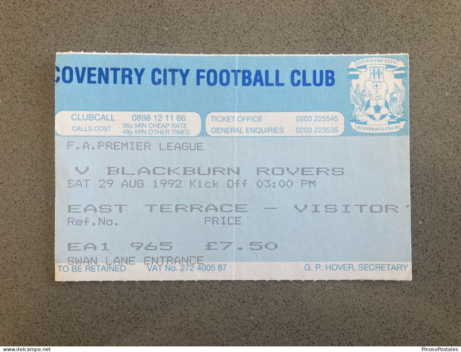 Coventry City V Blackburn Rovers 1992-93 Match Ticket - Match Tickets