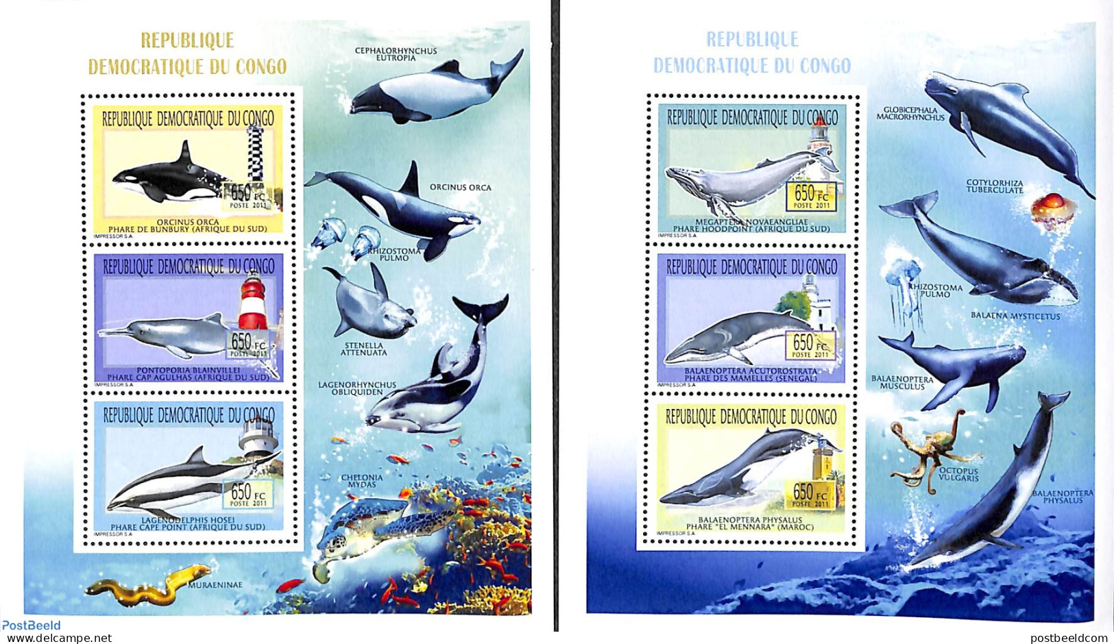 Congo Dem. Republic, (zaire) 2011 Whales, Dolphins 6v (2 M/s), Mint NH, Nature - Various - Sea Mammals - Lighthouses &.. - Leuchttürme