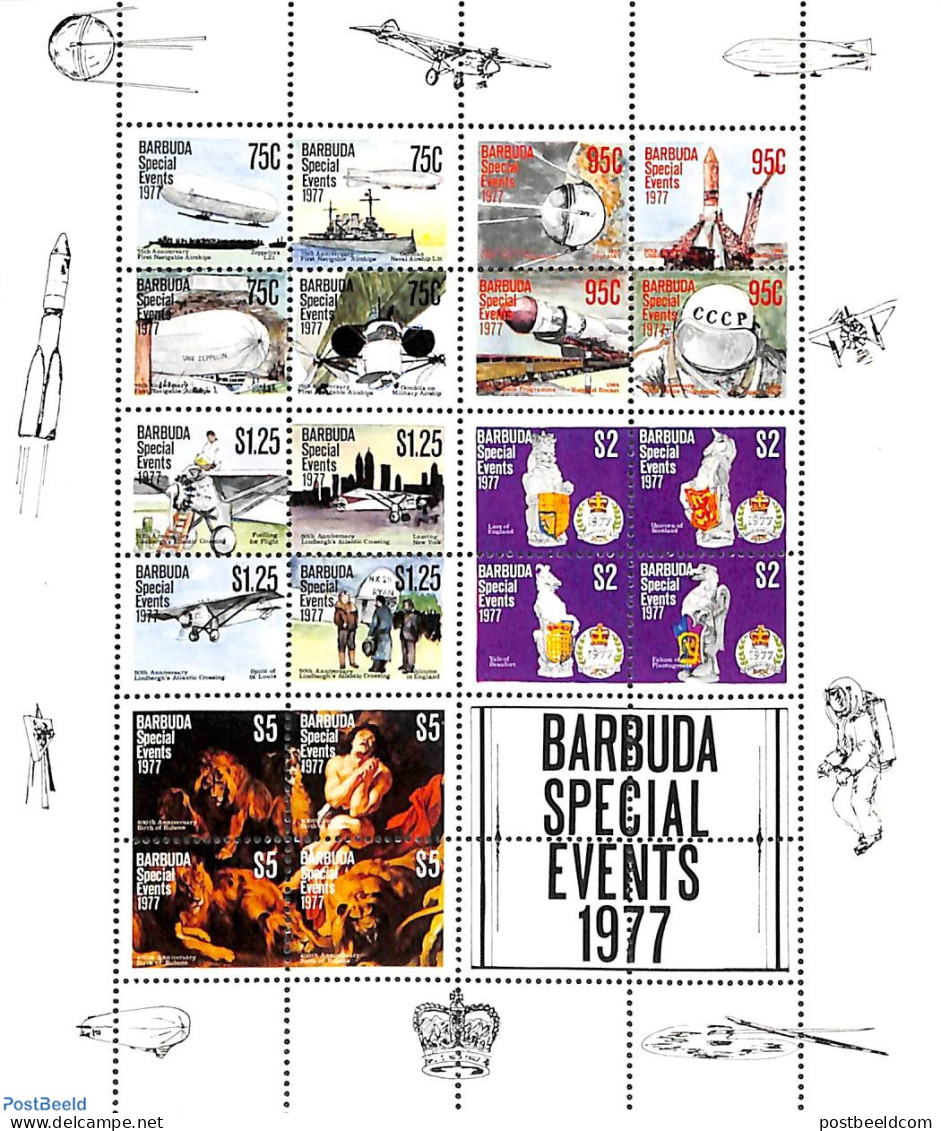 Barbuda 1977 Special Events S/s, Mint NH, Transport - Aircraft & Aviation - Ships And Boats - Space Exploration - Zepp.. - Airplanes
