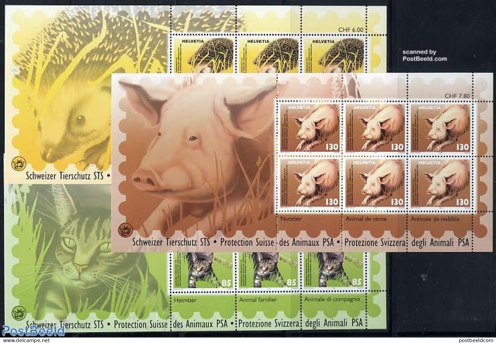 Switzerland 2004 Animals 3 M/ss, Mint NH, Nature - Animals (others & Mixed) - Cats - Hedgehog - Neufs