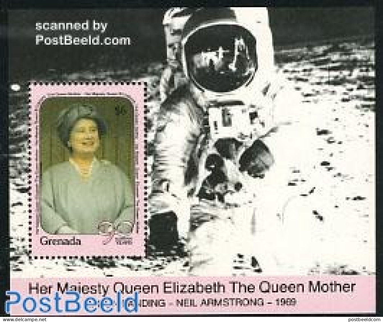 Grenada 1990 Queen Mother S/s, Mint NH, History - Transport - Kings & Queens (Royalty) - Space Exploration - Familias Reales