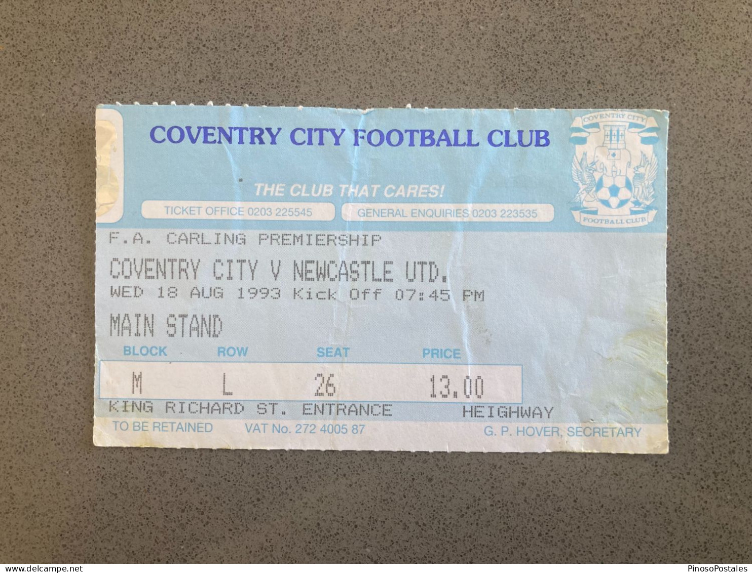 Coventry City V Newcastle United 1993-94 Match Ticket - Eintrittskarten