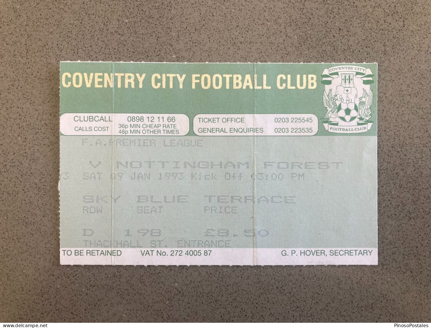 Coventry City V Nottingham Forest 1992-93 Match Ticket - Eintrittskarten