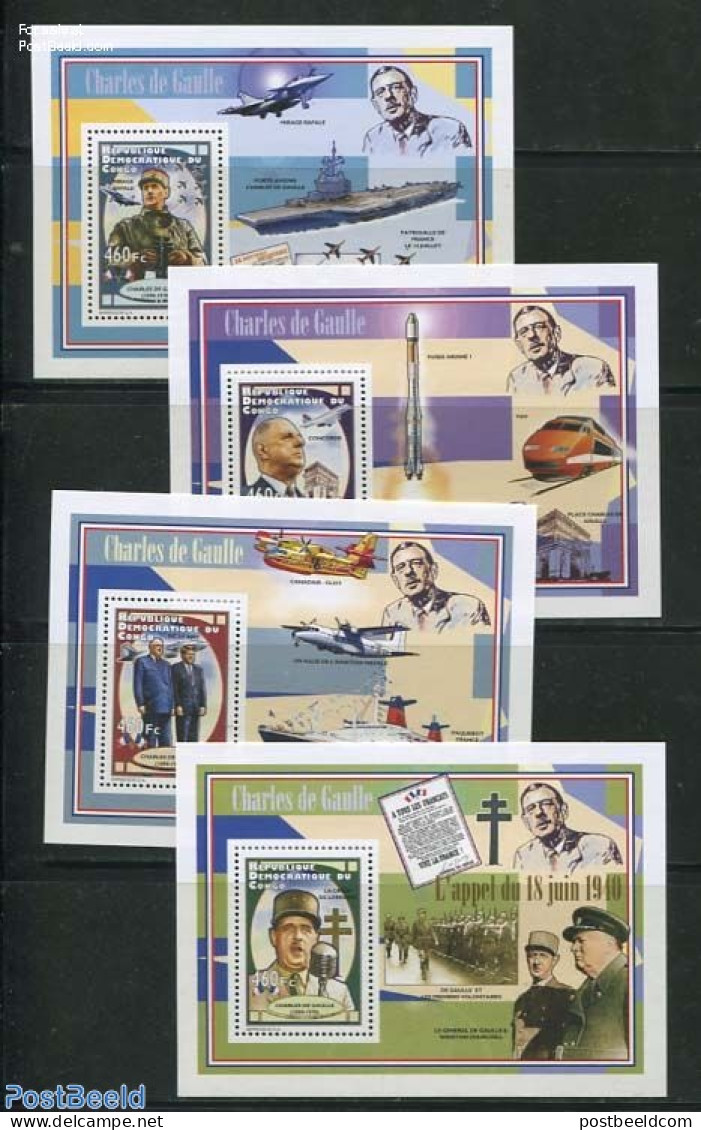 Congo Dem. Republic, (zaire) 2012 Charles De Gaulle 4 S/s, Mint NH, History - Transport - Politicians - Aircraft & Avi.. - Airplanes