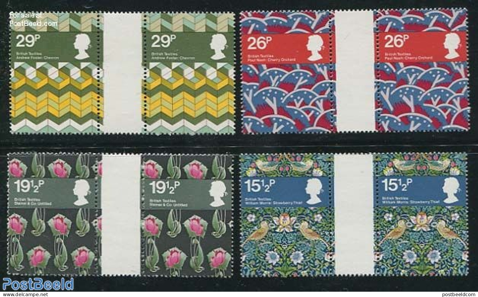 Great Britain 1982 TEXTILES 4V GUTTERS, Mint NH, Nature - Various - Birds - Flowers & Plants - Textiles - Unused Stamps