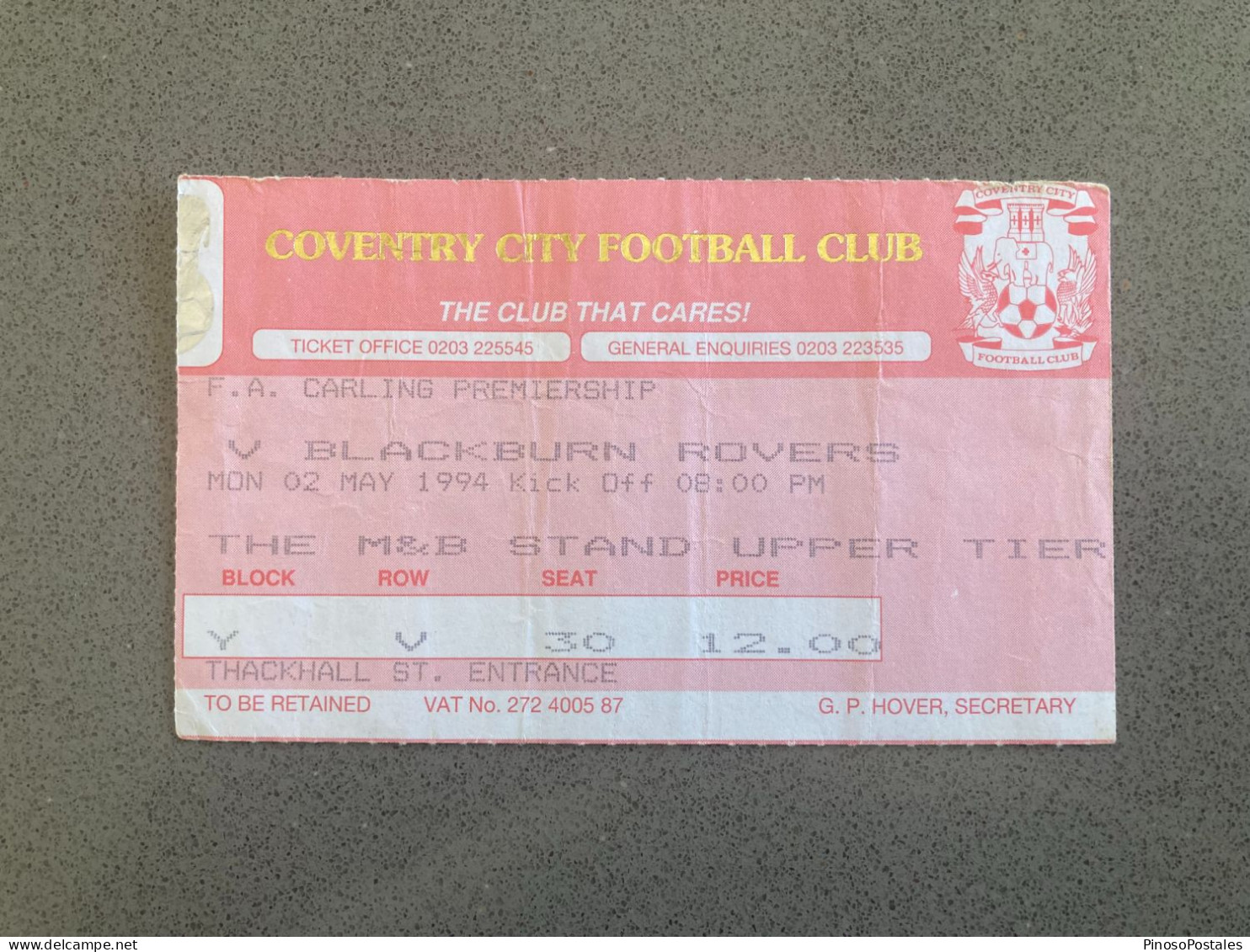 Coventry City V Blackburn Rovers 1993-94 Match Ticket - Eintrittskarten