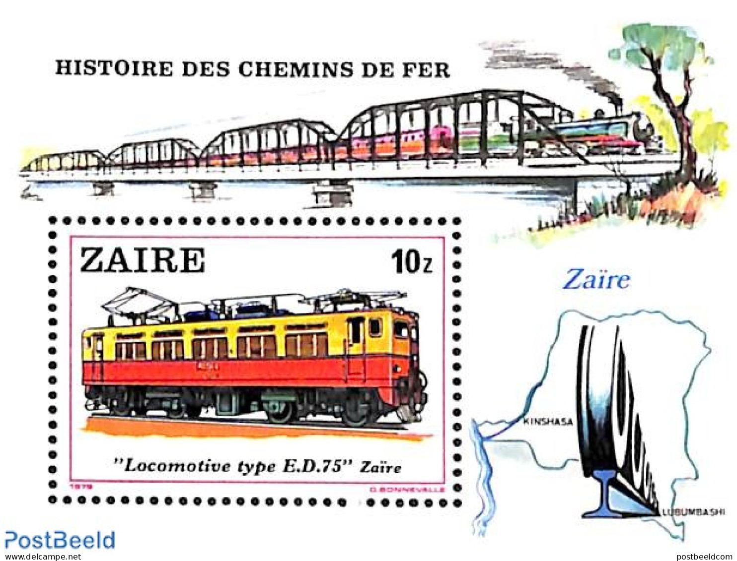 Congo Dem. Republic, (zaire) 1980 Locomotives S/s, Mint NH, Transport - Railways - Art - Bridges And Tunnels - Trenes