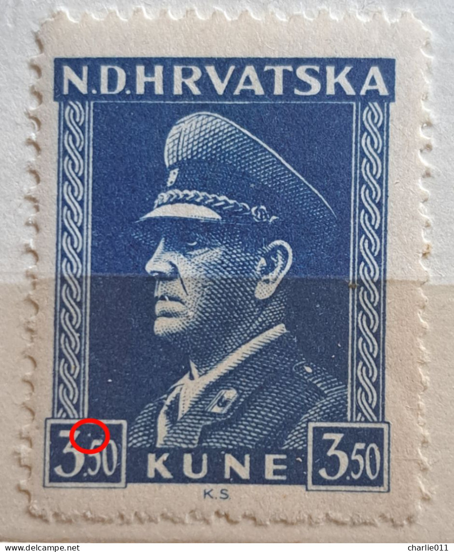 ANTE PAVELIĆ-3.50 K-ANTUIN STAMP-ERROR-DOT-NDH- CROATIA-1943 - Croazia