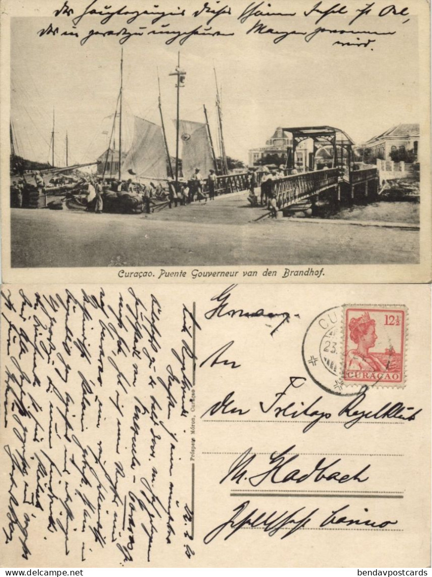 Curacao, D.W.I., WILLEMSTAD, Puente Gouverneur V/d Brandhof 1924 Móron Postcard - Curaçao