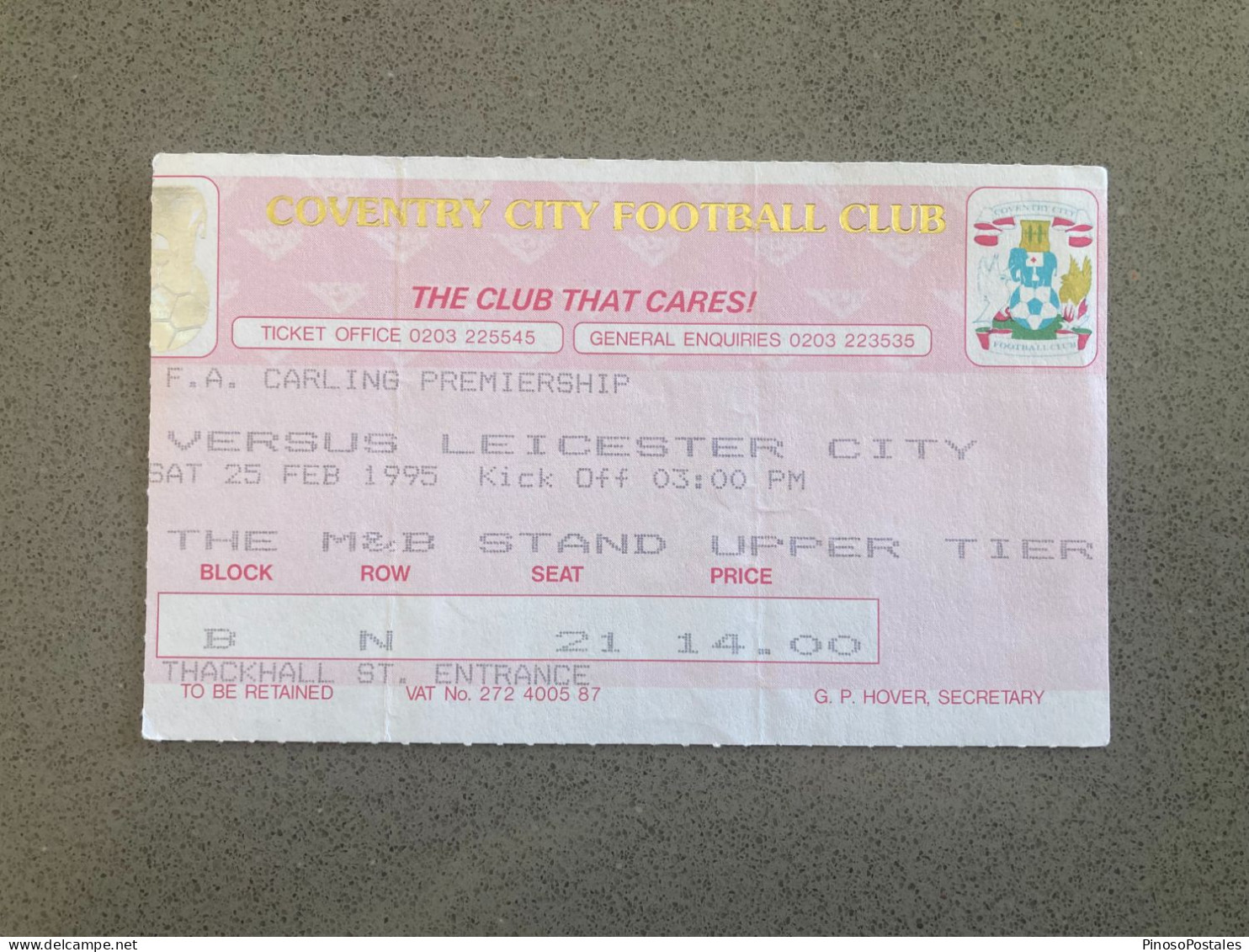 Coventry City V Leicester City 1994-95 Match Ticket - Match Tickets