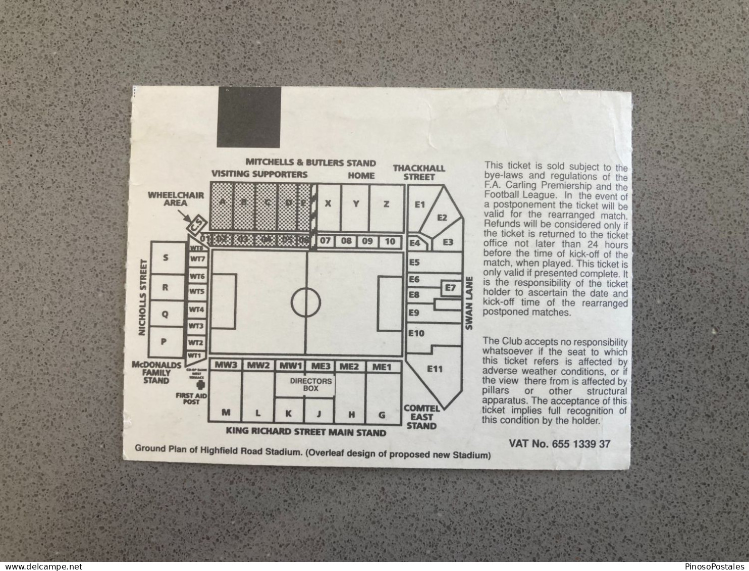 Coventry City V Arsenal 1999-00 Match Ticket - Eintrittskarten