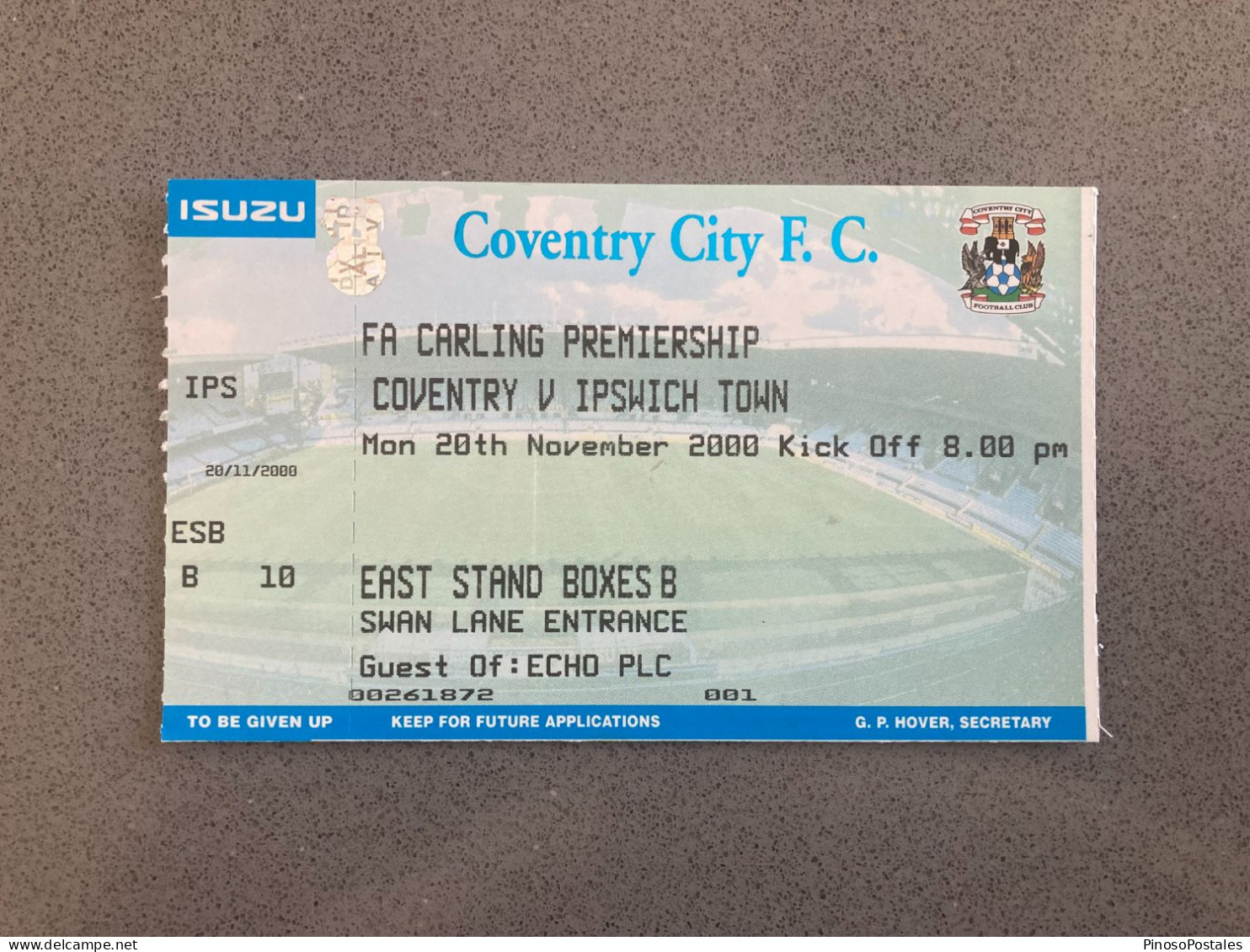 Coventry City V Ipswich Town 2000-01 Match Ticket - Eintrittskarten