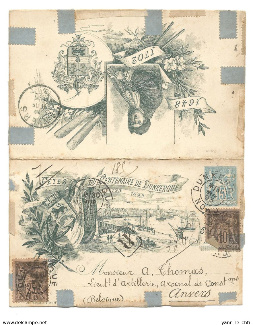 Carte Lettre Recommandée Sage Fêtes Du Centenaire De Dunkerque 1893 Pour Lieutenant Thomas Anvers Belgique Fremy Edmond - Kaartbrieven