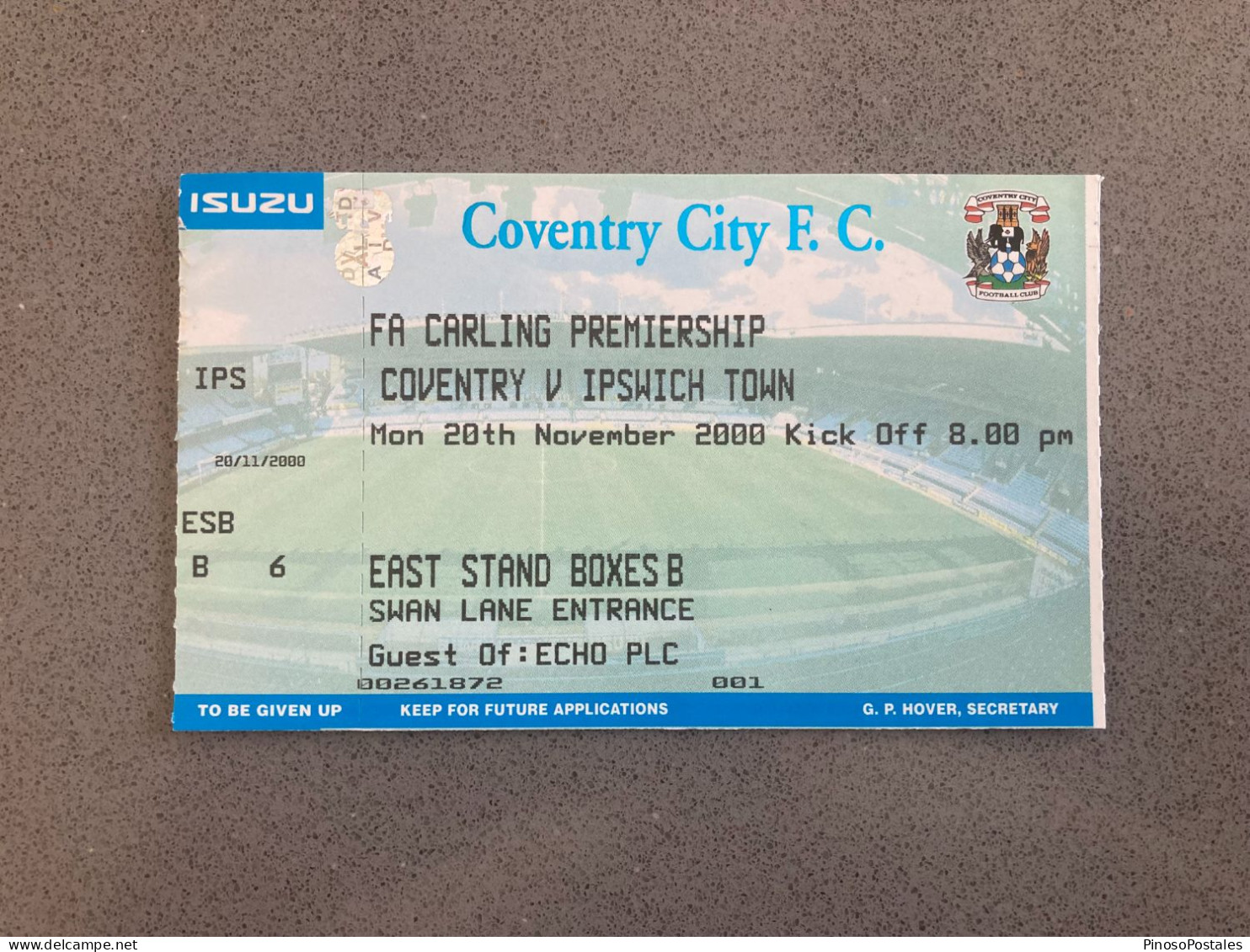 Coventry City V Ipswich Town 2000-01 Match Ticket - Eintrittskarten