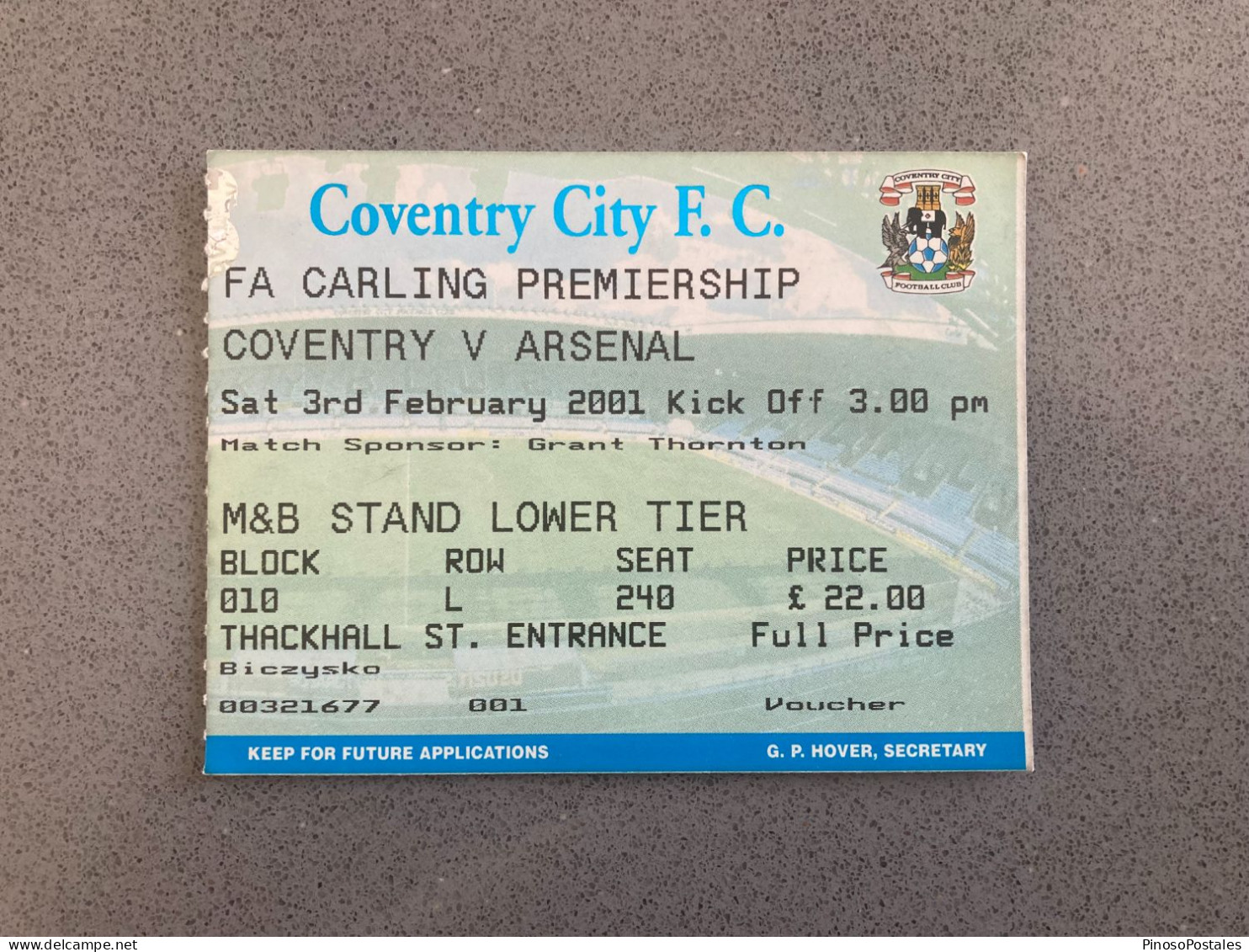 Coventry City V Arsenal 2000-01 Match Ticket - Match Tickets