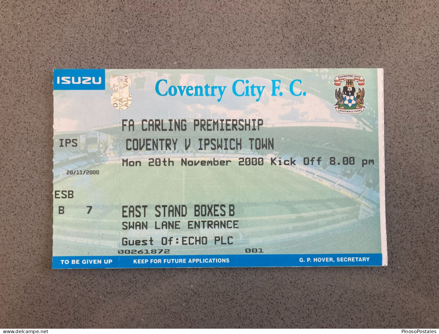 Coventry City V Ipswich Town 2000-01 Match Ticket - Eintrittskarten