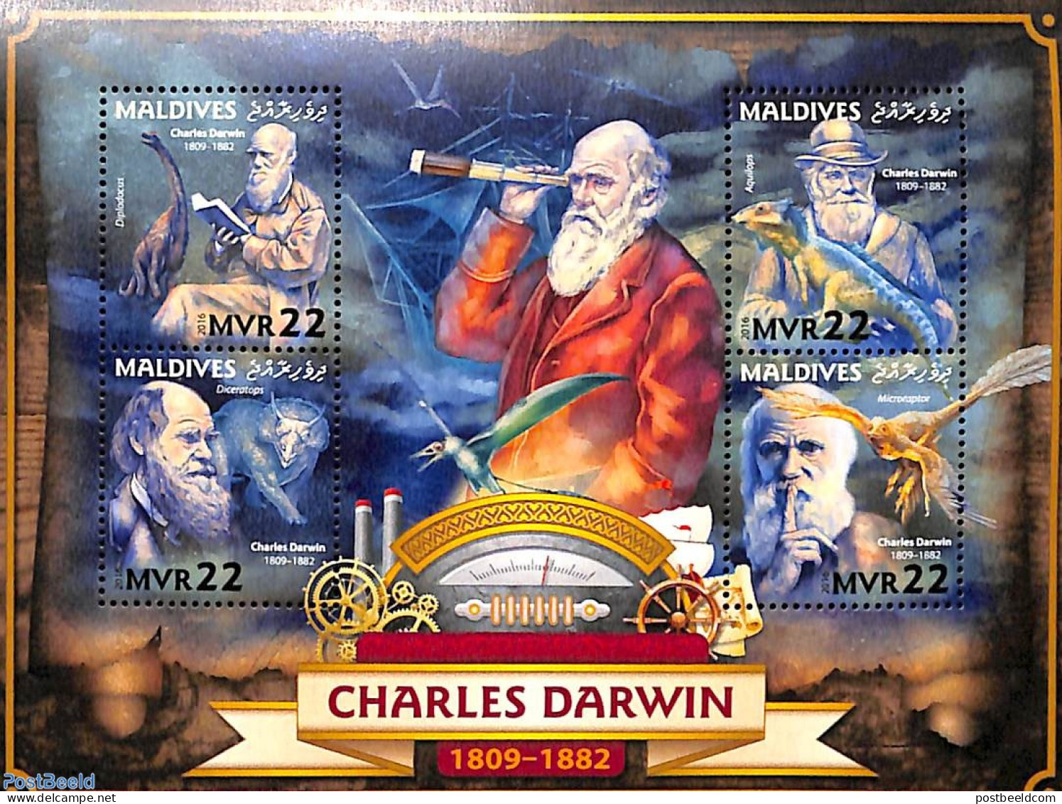 Maldives 2016 Charles Darwin 4v M/s, Mint NH, History - Nature - Explorers - Prehistoric Animals - Explorateurs