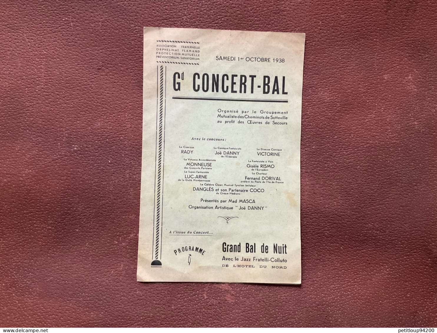 Programme Gd CONCERT-BAL Cheminots De SOTTEVILLE Grand Bal De Nuit HÔTEL DU NORD Rouen OCTOBRE 1938 - Programma's