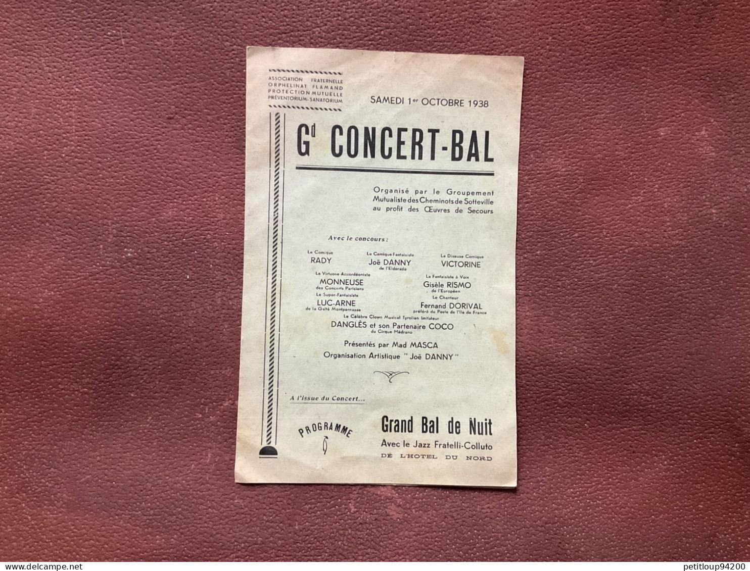 Programme Gd CONCERT-BAL Cheminots De SOTTEVILLE Grand Bal De Nuit HÔTEL DU NORD Rouen OCTOBRE 1938 - Programmes