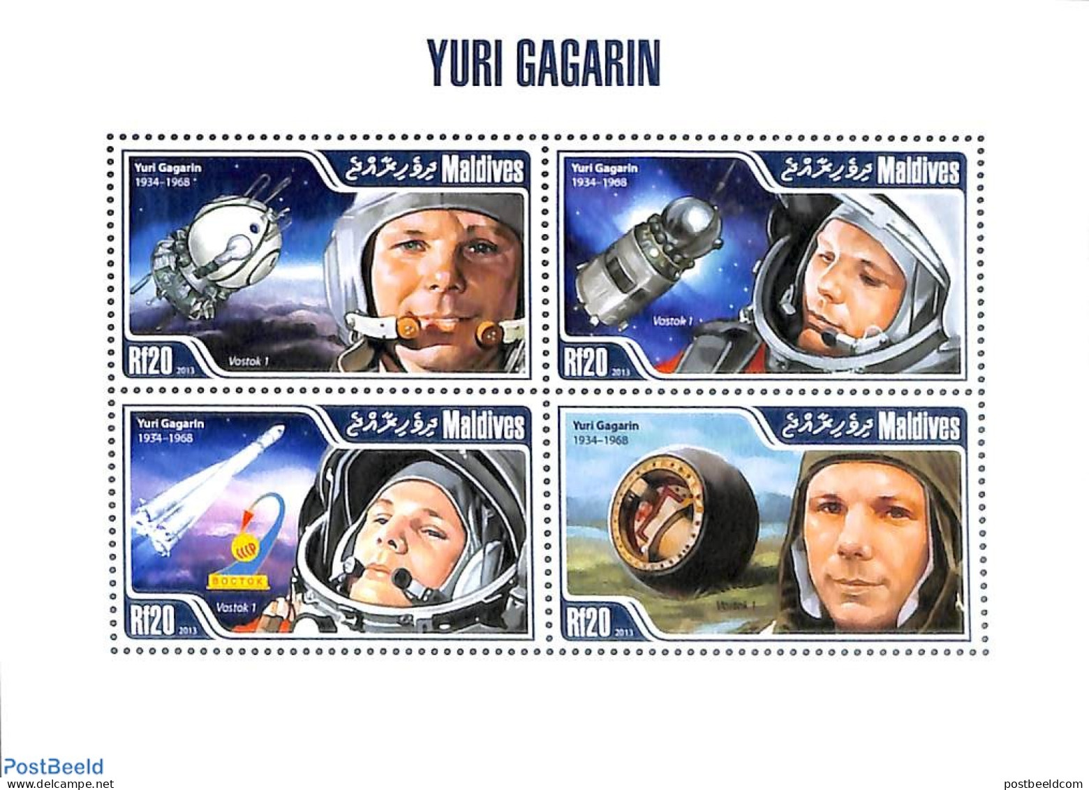 Maldives 2013 Yuri Gagarin 4v M/s, Mint NH, Transport - Space Exploration - Maldive (1965-...)