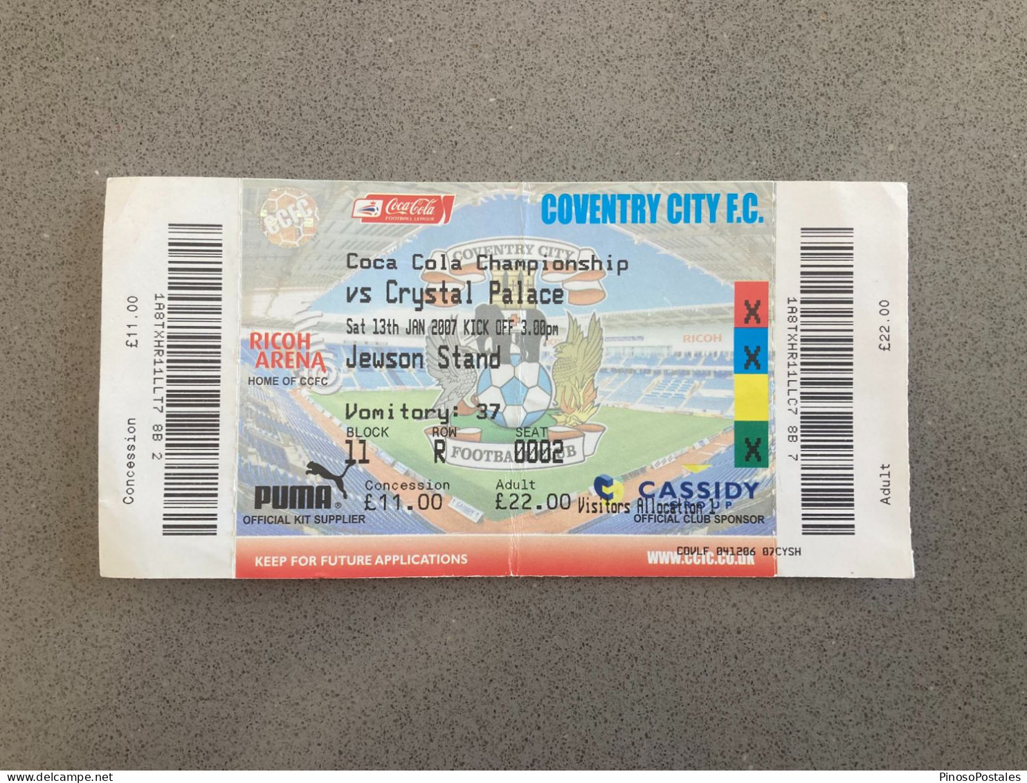 Coventry City V Crystal Palace 2006-07 Match Ticket - Eintrittskarten