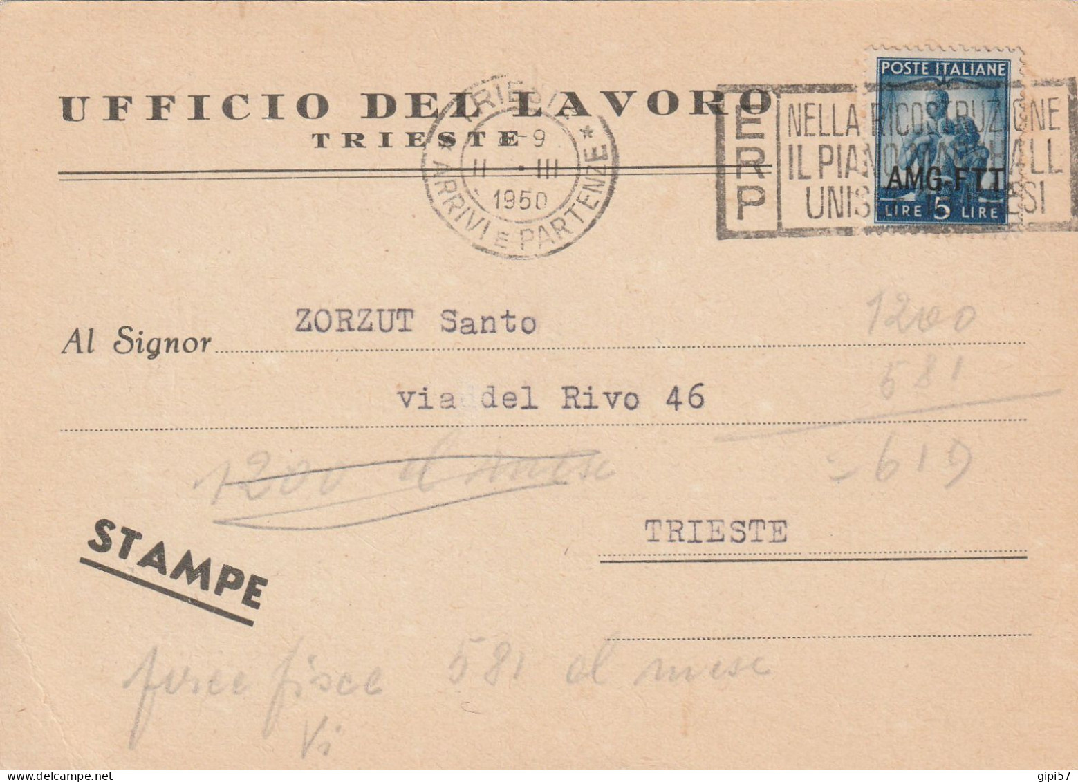 STAMPE UFFICIO LAVORO TRIESTE ANNULLO TARGHETTA ERP 1950 - Storia Postale