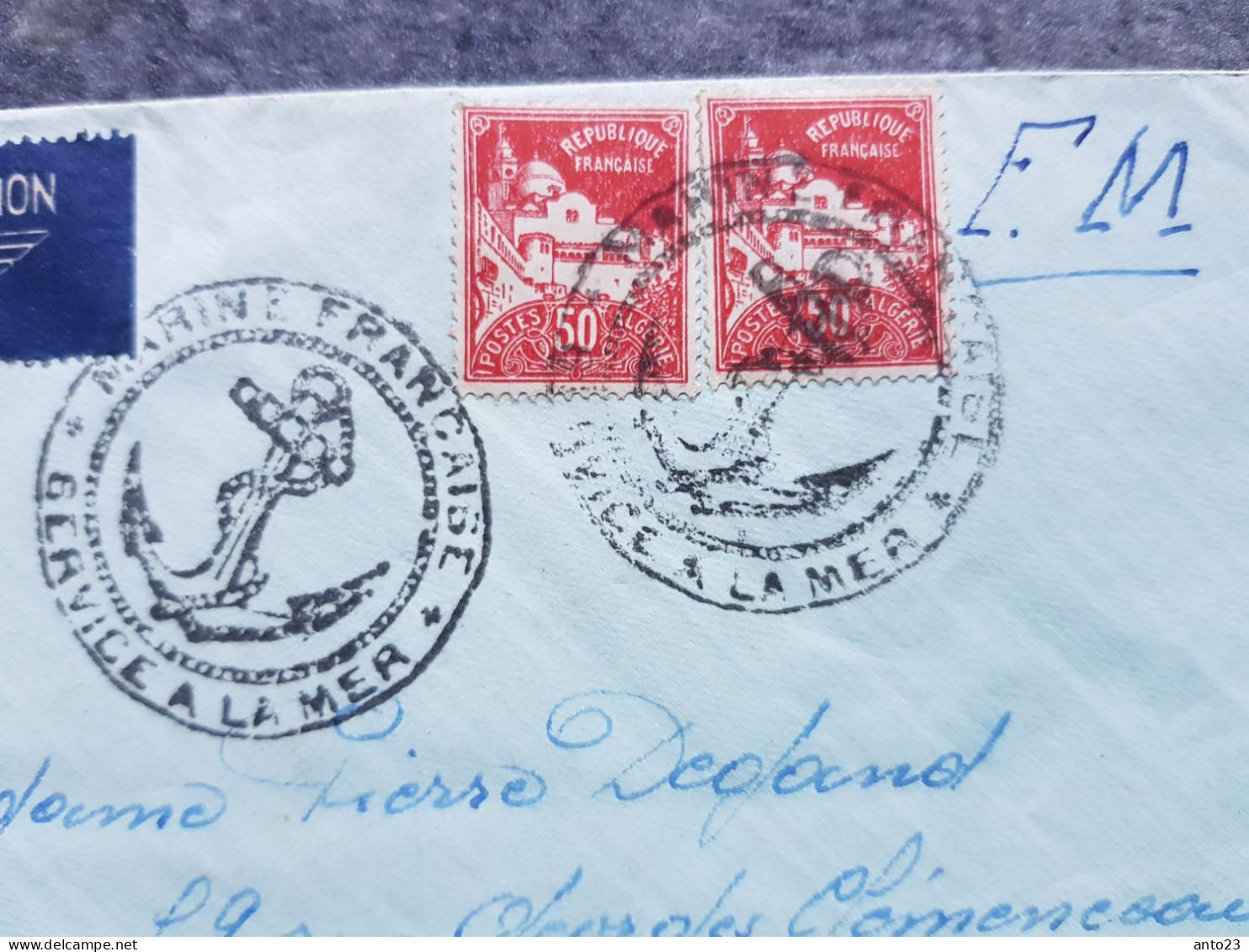 Lettre En Fm Cachet Marine Française Service A La Mer Par Avion Exp 2 -ème Escadron Sous Marins A Oran Algérie - Algerienkrieg