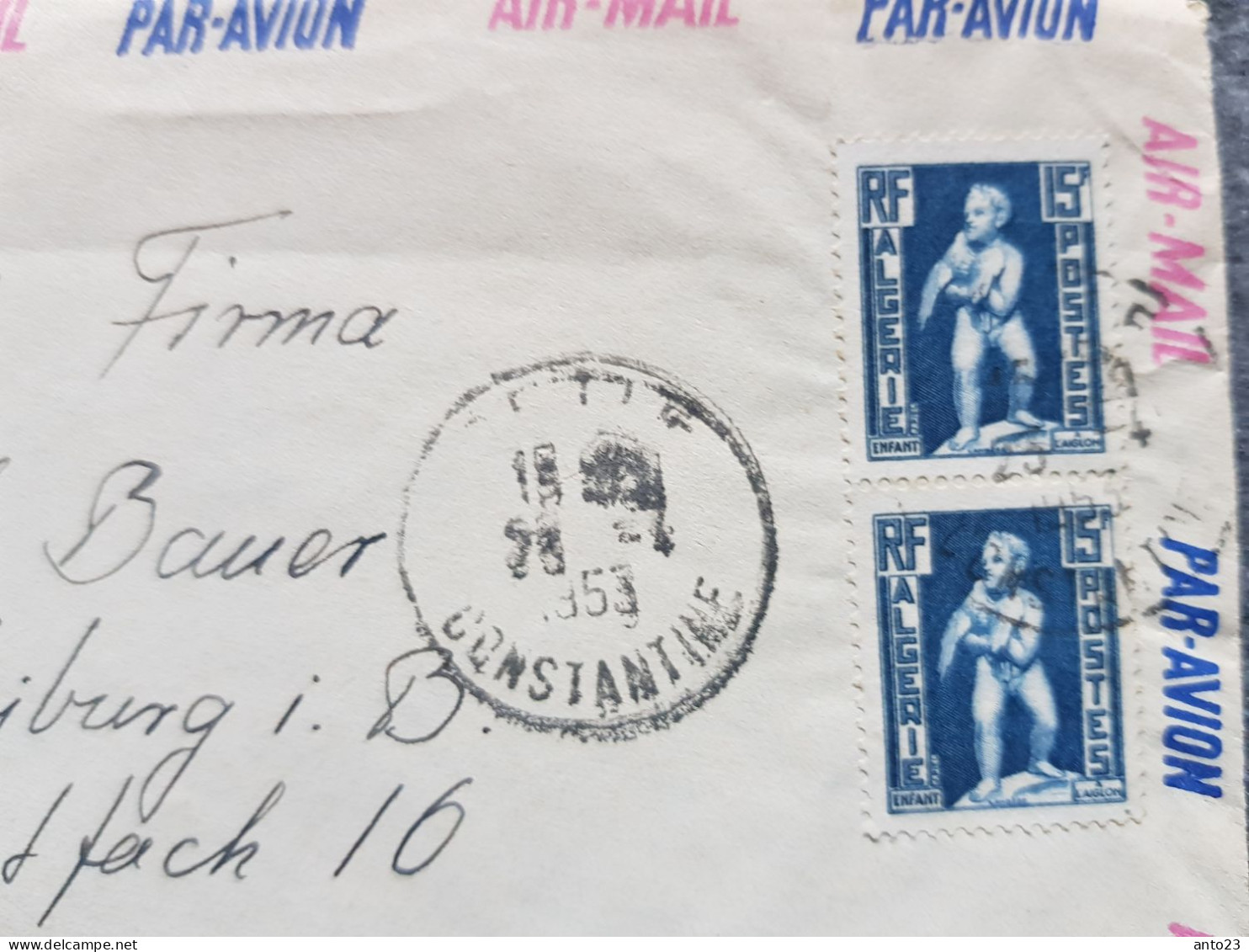 1953 Lettre Départ Constantine Pour Allemagne Par Avion Avec Cachet Affranchissement Vérifié - Airmail