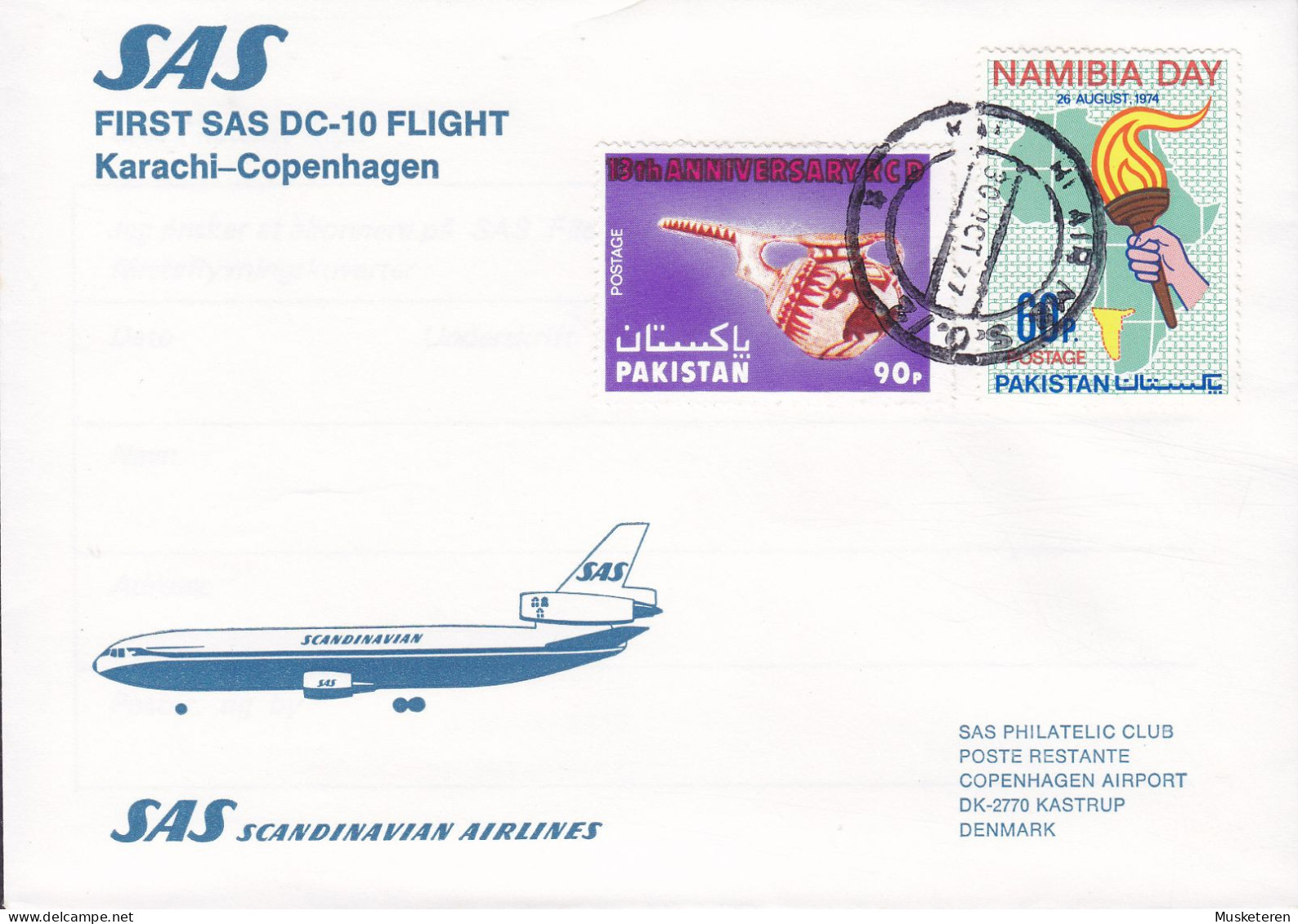 Pakistan First SAS DC-10 Flight Flight KARACHI-COPENHAGEN 1977 Cover Brief Lettre Namibia Day Torch Stamp - Pakistan