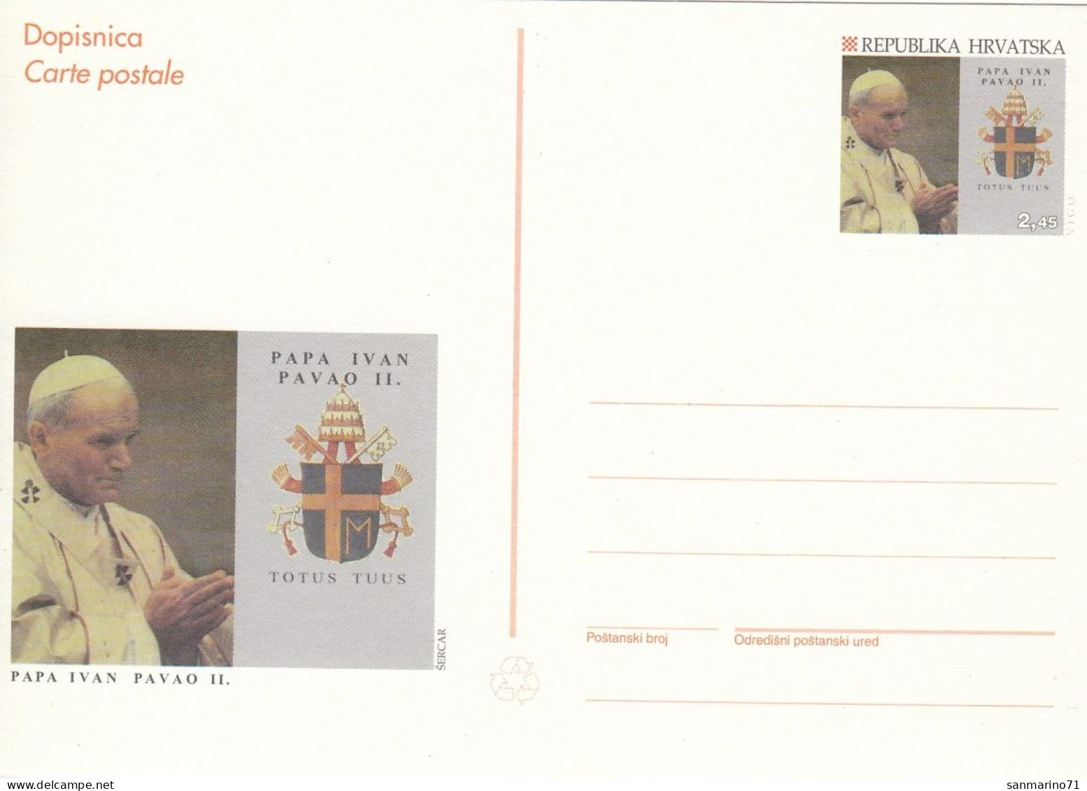 CROATIA Stamped Stationery 110,popes - Croazia
