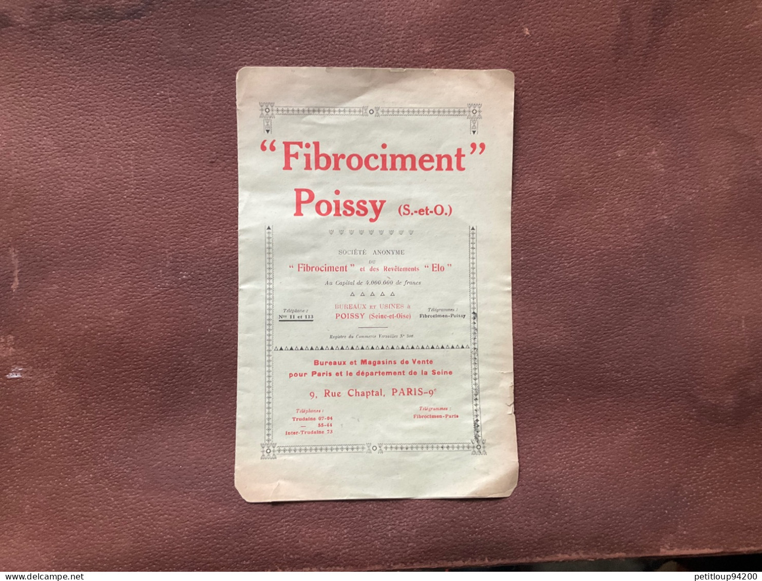 531 DOCUMENT COMMERCIAL  Fibrociment  POISSY  Seine & Oise. - Ambachten