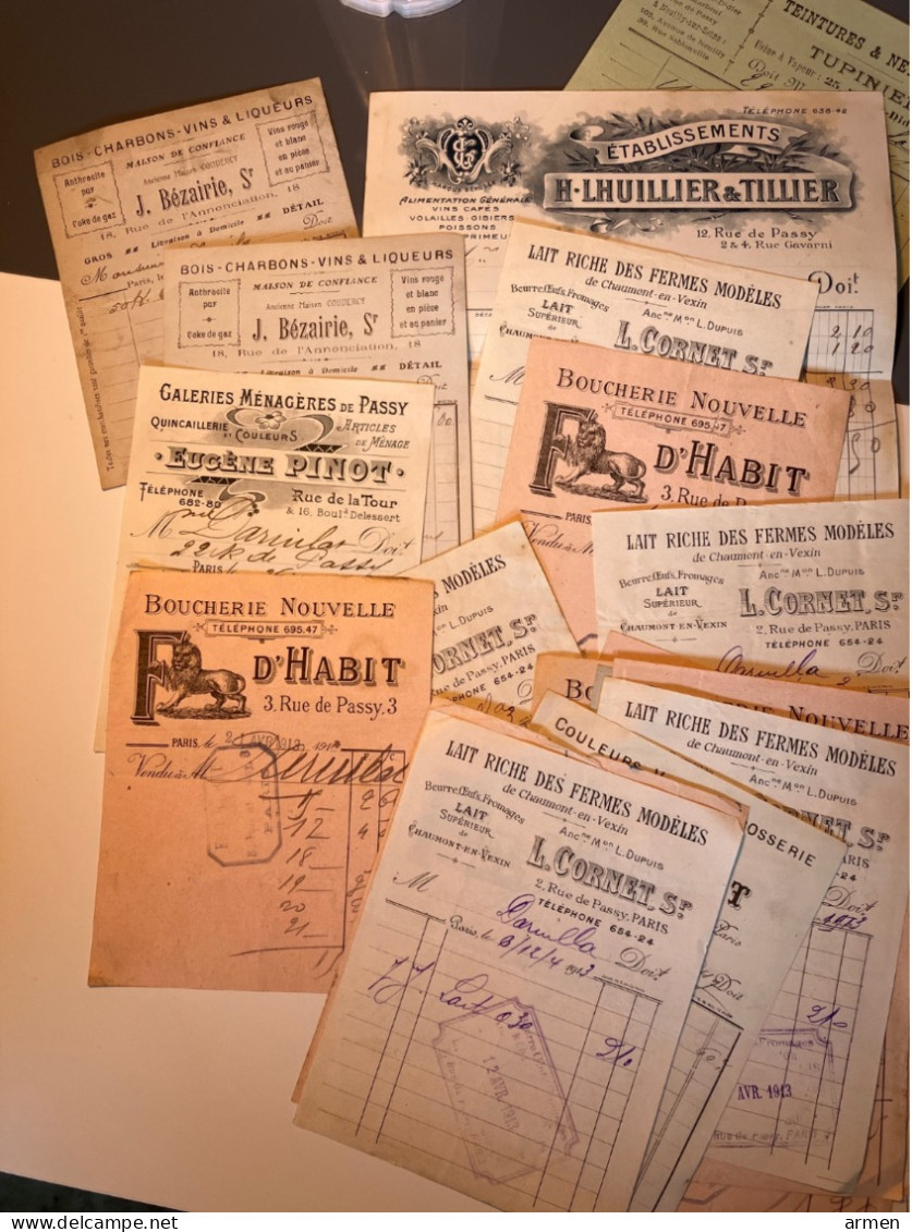 Lot De 35 Fiches Alimentaires 1913 Viandes Lait Beurre Vins Café Paris Rue De Passy  16e - Alimentare