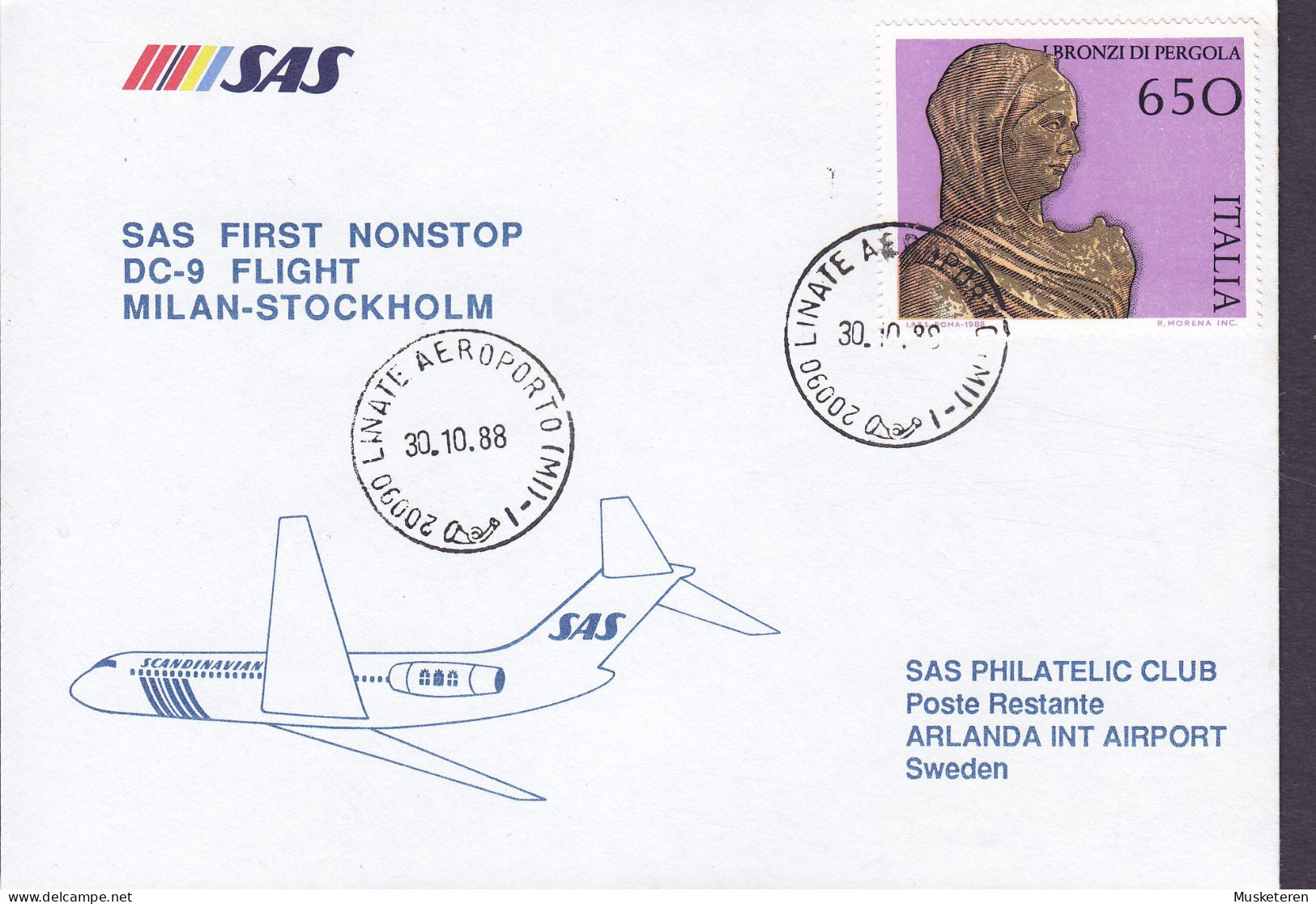 Italy SAS First Nonstop DC-9 Flight MILAN-STOCKHOLM 1988 Cover Brief Lettera I Bronzi Di Pergola Stamp - Airmail