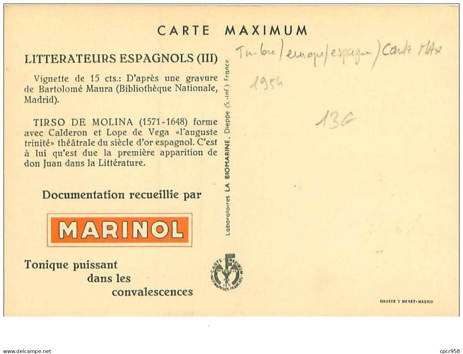 CARTE MAXIMUM.n°14959.ESPAGNE.LITTERATEURS ESPAGNOLS.CORREOS.VIGNETTE DE 15 CTS D'APRES UNE GRAVURE DE BARTOLOME ...1954 - Maximum Kaarten