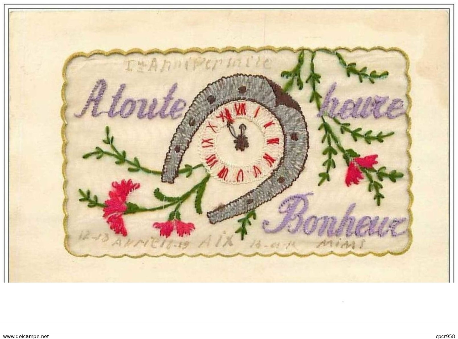 CP BRODEES.n°1.A TOUTE HEURE BONHEUR.HORLOGE ET FER A CHEVAL - Ricamate